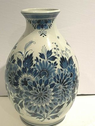 Vintage Large Blue And White 10.  5 Inch Delft Vase