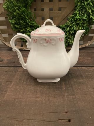 Vista Alegre Ruban Pink Ribbon Bow Large Teapot Coffee Pot 8 - 1/2 "