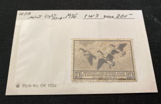 Wtdstamps - Rw3 1936 - Us Federal Duck Stamp - Light Hinge - Well Centered