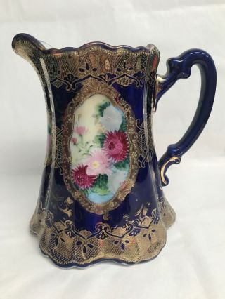 Antique Nippon Hand Painted Pitcher Cobalt Blue Gold Beading Pink Flowers