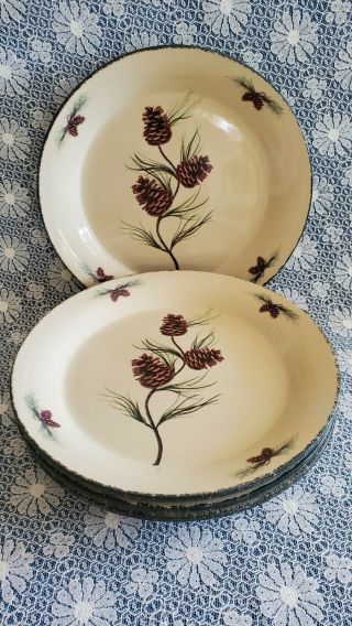 Home & Garden Party " Northwoods " Pine Cone Dinner Plates Set Of 4 Euc