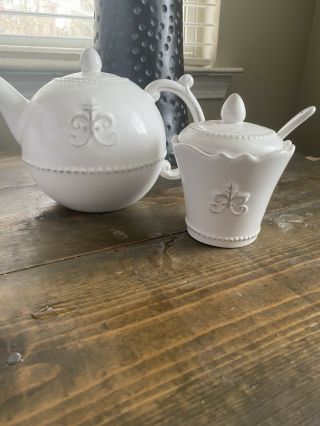 Anthropologie Grace Fleur De Lys Teapot And Sugar Dish With Spoon