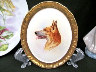 Rare Paragon Painted Bone German Shepard Dog Plaque Etching R.  Johnson