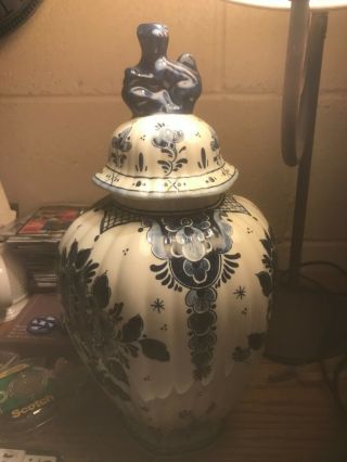 Vintage Delft Lidded Vase - Ginger Jar Foo Dog Vase Royal Goedewaagen 12 Inches
