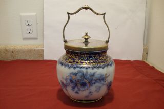 Royal Doulton Burslem Hp Flow Blue Porcelain Biscuit Cracker Jar Antique Vintage