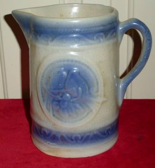 Vintage Salt Glaze Blue White Stoneware Love Birds Pitcher 7 - 3/4 " Tall