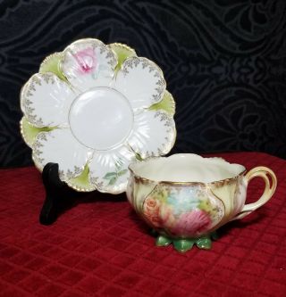 Antique Rs Prussia Hand Painted Pink Rose Floral Teacup & Saucer