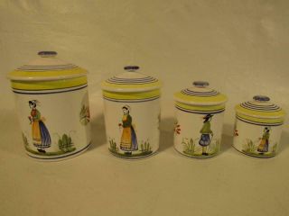 Old Henriot Quimper Pottery 4 Piece French Faience Canister Set - Figures