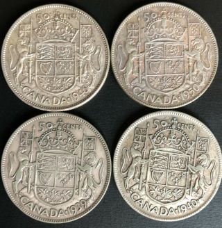 (4) Silver Canadian Half Dollars / 50 Cent Coins.  1939/40/46/50 - 1.  2ozt Silver