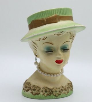 Vintage Rubens Lady Head Vase 500 Green Hat Pearl Necklace/earrings Planter