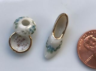 Artisan Nancy Duden Dollhouse Miniature Porcelain Dish & Shoe.  Signed W/ Message