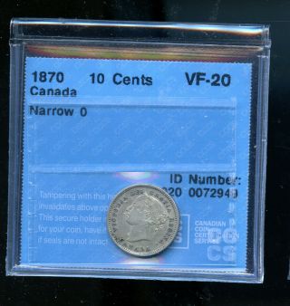 1870 Narrow 0 Canada 10 Cents Cccs Certified Vf20 Dcb196