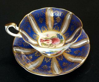 Paragon Teacup And Saucer - Cobalt Blue And Gold With Fruit Peaches