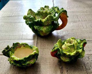 Kaldun & Bogle Hand Painted Ceramic Cabbage Leaf Teapot Sugar Bowl Creamer
