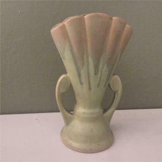 Vintage Roseville Carnelian Fan 8 1/2 " Vase Matte Green Drip Glaze - Old Rv Mark