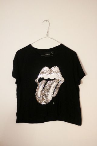 Official Rolling Stones Glitter Sequins Lips Logo Small Crop Top T - Shirt Uk 6