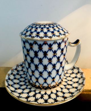 Imperial Russian Lomonosov Porcelain Tea Mug W/ Lid And Saucer Cobalt Net