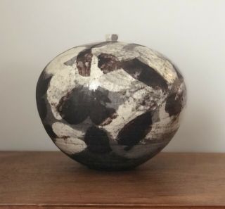 Modernist Textural Raku Studio Pottery Weed Pot Vase Black White Maroon Signed