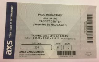 2016 Paul Mccartney Minneapolis Concert Ticket Stub The Beatles Wings Hey Jude