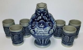 7 Piece Set Gerz W Germany Figural Man Pitcher & Six Glasses Blue Pottery