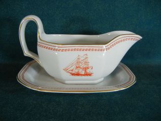 Copeland Spode Red Trade Winds W128 Gravy Boat With Separate Underplate