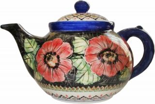 Boleslawiec Stoneware Polish Pottery Unikat Teapot Coffee Pot " Red Garden "