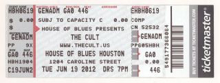 Rare The Cult 6/19/12 Houston Tx House Of Blues Concert Ticket