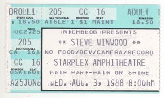 Rare Steve Winwood 8/3/88 Dallas Tx Starplex Amphitheatre Concert Ticket Stub
