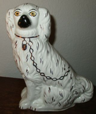 Antique Porcelain Staffordshire Mantle Dog White&gold W/label And Stamp