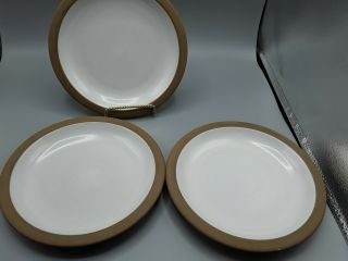 3 Vintage Heath Ceramic 9 1/2 " Plates Opaque White - Nutmeg Brown Rim 1988