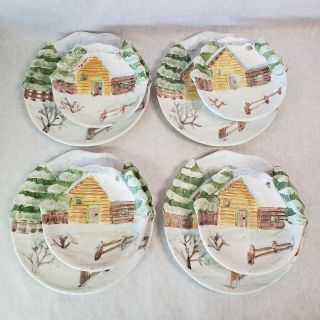 1995 The Cellar Log Cabin Christmas Sculpted Canape Plates And Bowls Set Of 4
