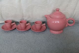 3 Fiesta Rose /pink Stick Handle Demitasse Cup And Saucer & 5 Cup Teapot