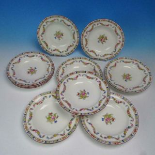Minton China - Rose Floral Swags - 10 Flat Rim Soup Bowls - 8 3/8 Inches
