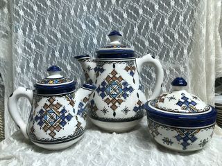 Fes Art Pottery Blue White Morocco Teaset Teapot Sugar Bowl Creamer Signed