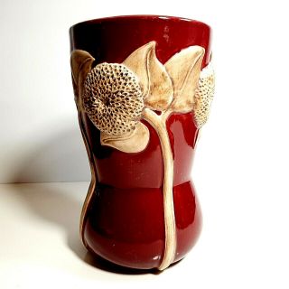 Vintage Majolica Vase Red With Beige Raised Sunflowers Art Pottery Unsigned