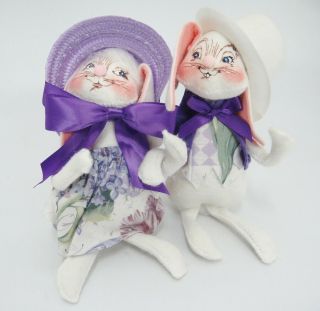 Annalee Mobilitee Dolls Pair Boy Girl Mr & Mrs Easter Bunny Rabbits Purple Pink