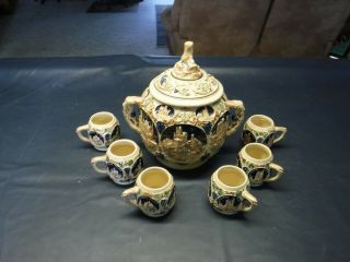 Vintage " Castles On The Rhine " Tureen/punch Bowl With Set Of 6 Cups.  Cond.