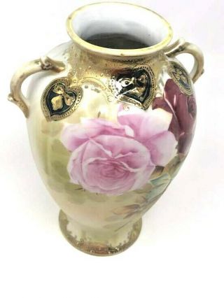 Antique Nippon 9 " Hand Painted Gold Vase W/ Handles Roses Black & Gold Hearts