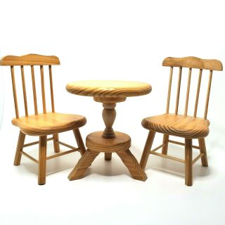 Dollhouse Kitchen Table Chairs Large Pedestal Table & 2 Chairs Pine Wood