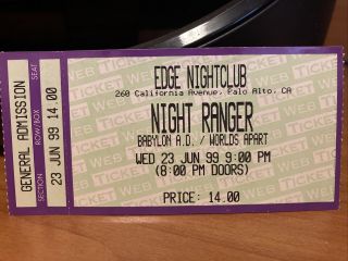 Night Ranger Concert Ticket Stub The Edge Palo Alto Babylon Ad Worlds Apart