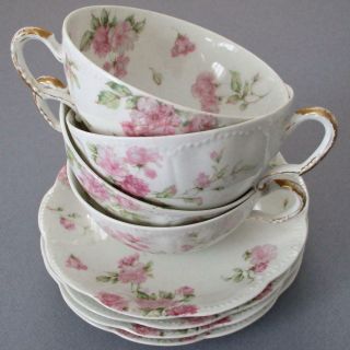 Set 4 Antique Haviland Porcelain Cups,  Saucers Tendrils Pink Roses Schleiger 39