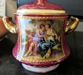 Antique Royal Vienna Lidded Sugar and Creamer Beaded Gold Artist Signed 19th C 2