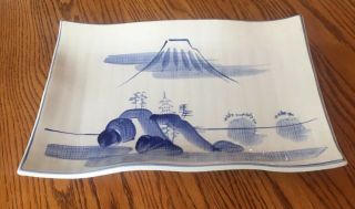 Japanese Sushi Serving Tray Platter Asian Art Pottery Glazed Mt.  Fuji Blue White