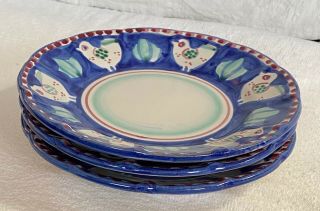 Solimene Vietri Campagna Hand - Painted Pottery Blue Chicken 3 Salad Plates,