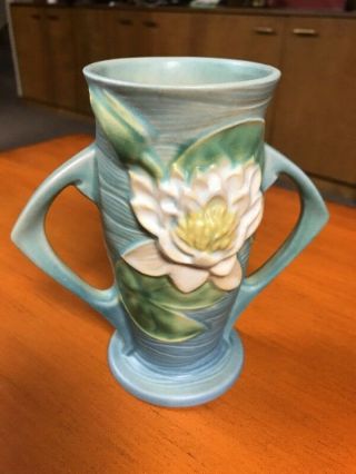 Vintage Roseville Pottery Vase Waterlily Blue And Green 72 - 6 " 1940s