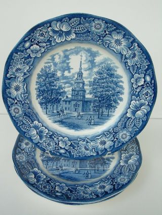 Four Staffordshire English Blue And White Liberty Blue Plates Independence Hall