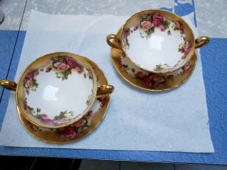 2 Rare Vintage Royal Chelsea Golden Rose 2 Handled Cream Soup Bowls Heavy Gilt