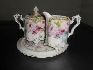 Royal Crown Chantilly Rose Hand Painted Sugar Bowl W Creamer,  Trivet Plate