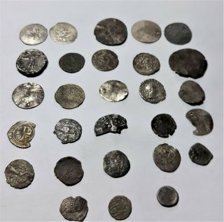 Medieval Silver Coin Loot Of 28 With A Roman Fouree And A Silver Denarius