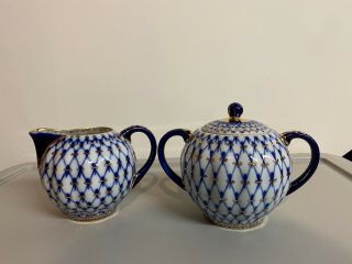 Russian Imperial Lomonosov Porcelain Cobalt Blue Net Sugar Bowl And Creamer